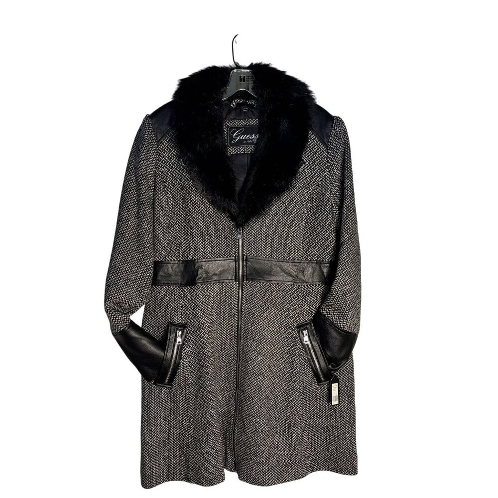 Guess Womens Herringbone Coat With Faux Fur Collar & Leather Accents